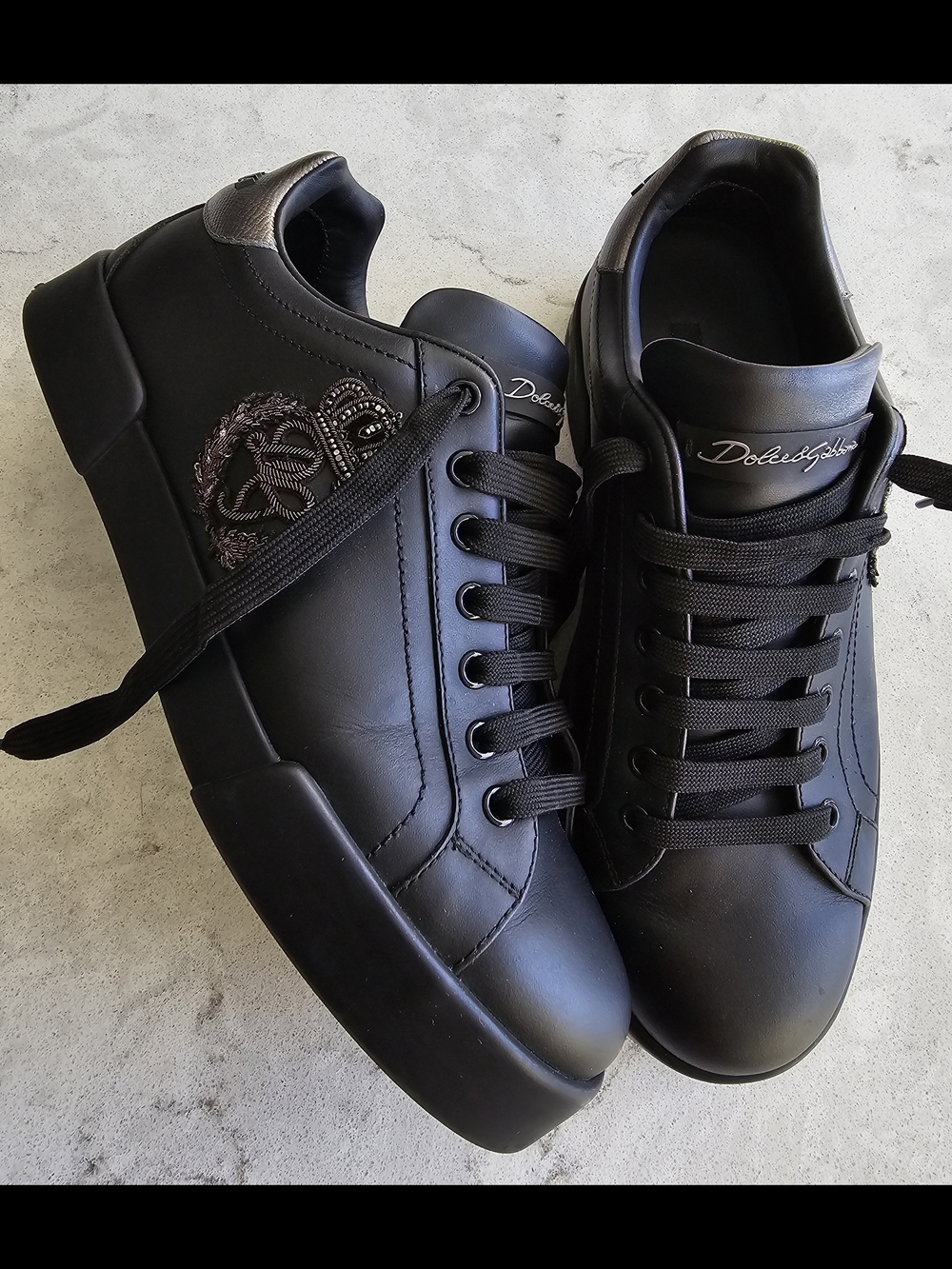Black Leather Embroidered Low-Top Sneakers - Dolce & Gabbana